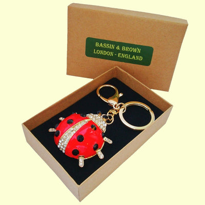 Bassin and Brown Ladybird Crystal Keyring - Red and Gold